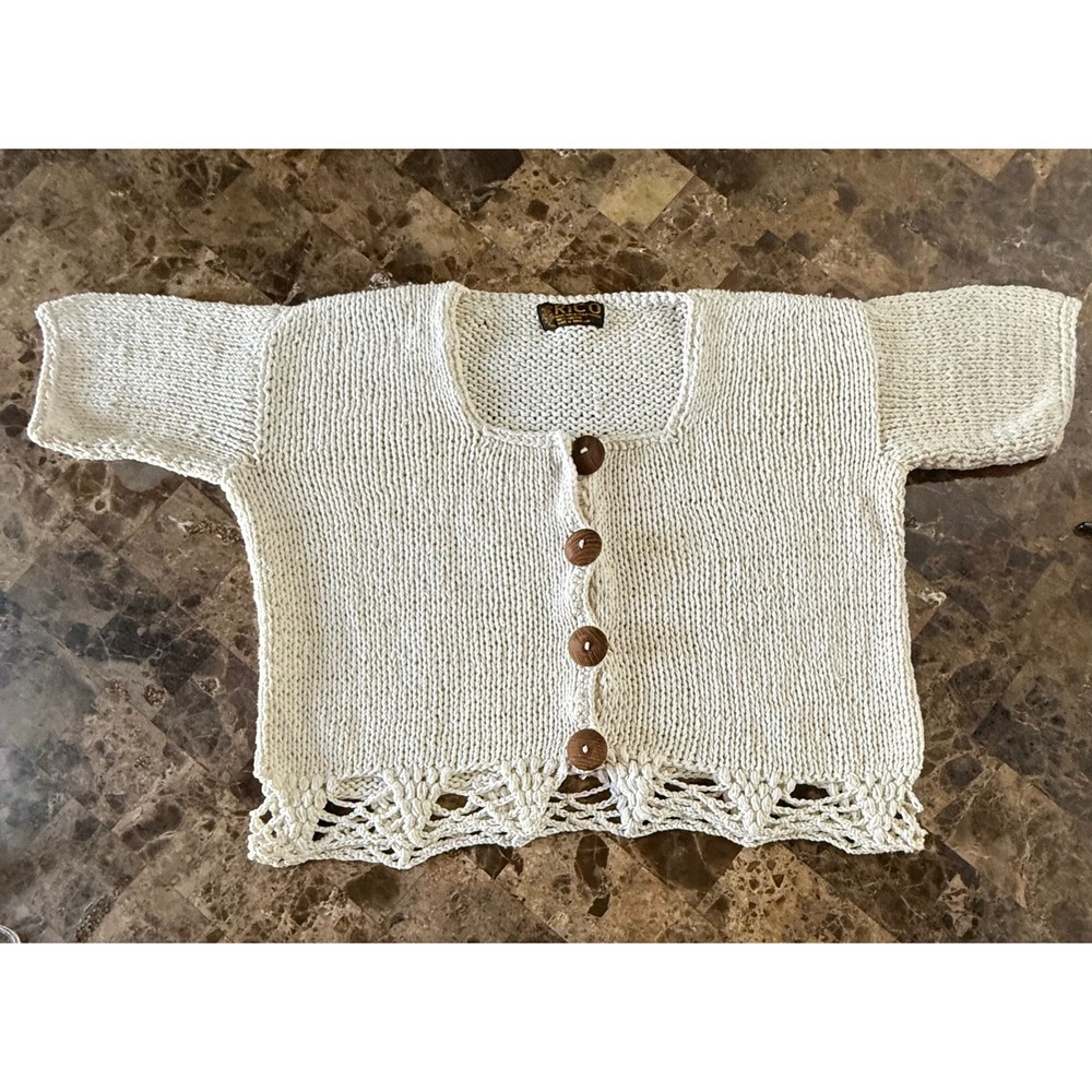 Vintage Rico Cotton Chunky Knit Cardigan Sweater Off White Crochet Trim 80s 90s
